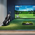 Indoor Golf Simulator Room With Green Turf Putting Mat And Golf Bag