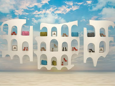White Arch Shaped Event Entrance With Multiple Compartments Holding Colored Bags And Shoes 3d model