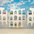 White Arch Shaped Event Entrance With Multiple Compartments Holding Colored Bags And Shoes