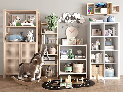Wooden Bookcases in Kids Room with Toy Rocking Horse Green Plant Clock and Storage Baskets 3d model