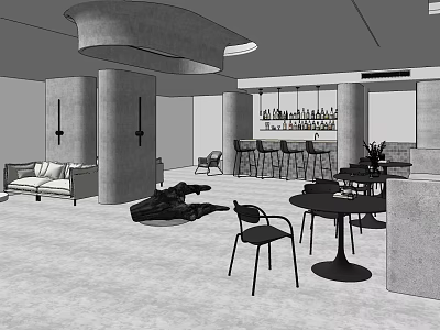 Modern Restaurant Interior With Sofa Tables Chairs Bar Counter And Decorative Columns 3d model