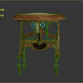 Round Top Orange Wooden Table With Unique Carved Legs And Blue Decorative Accents