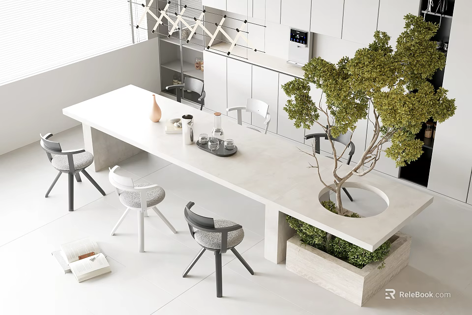 Modern Dining Table Set With Gray Chairs And Potted Plant In Open Kitchen Interior 3d model 
