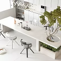 Modern Dining Table Set With Gray Chairs And Potted Plant In Open Kitchen Interior 3d model
