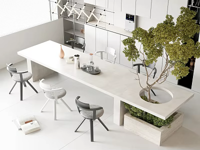Modern Dining Table Set With Gray Chairs And Potted Plant In Open Kitchen Interior 3d model
