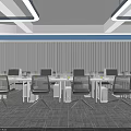 Modern Public Office Space Featuring Hanging Lights Large Screen Laptops Colorful Carpet and Graffiti Wall