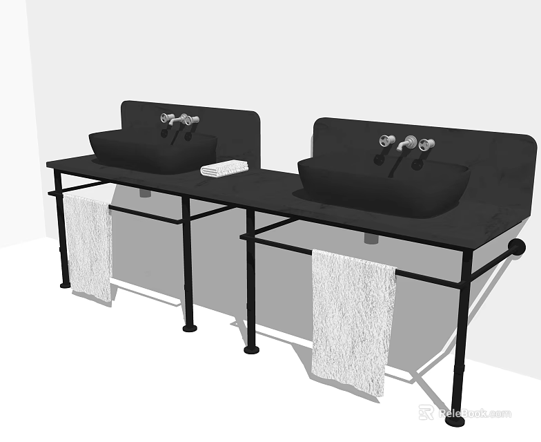 Modern Double Washbasin Vanity With Black Countertop Metal Stand And Towel Racks 3d model 