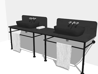 Modern Double Washbasin Vanity With Black Countertop Metal Stand And Towel Racks 3d model