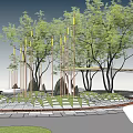 Modern Circular Square Landscape With Trees Grid Paving Decorative Rocks And White Installations 3d model