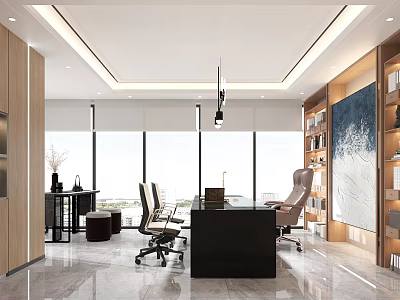 Modern Office Interior Design With Large Windows Black Desk Office Chairs Bookshelves And Decorative Painting 3d model