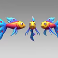 Three Colorful Aquatic Fish With Yellow Red Bodies Purple Blue Fins And Red Spots
