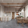 Cozy Restaurant Interior with Wooden Beams Hanging Pendant Lights Plants Tables Chairs and Gray Carpet