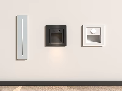 Different Designs Wall Switches Sockets Silver Black White On Light Colored Wall Wooden Floor 3d model