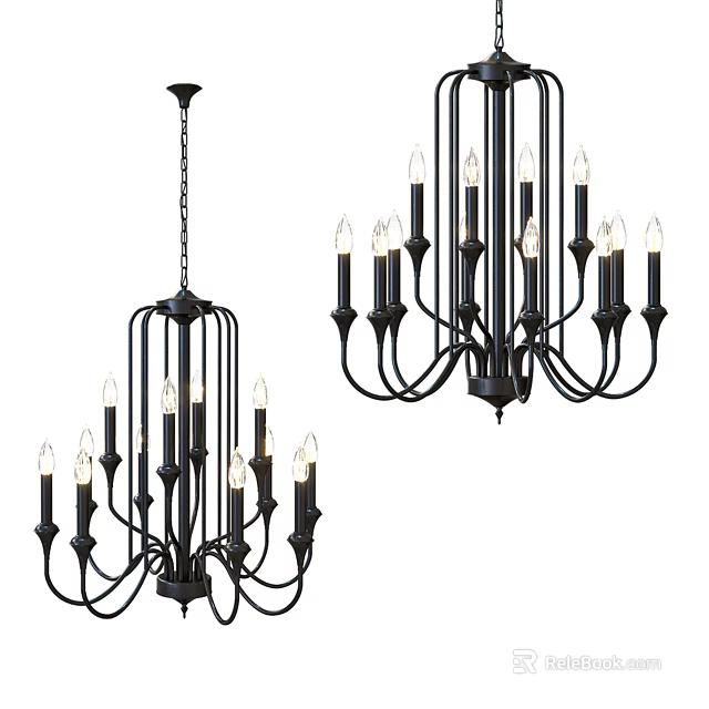 Modern Black Metal Chandelier With Candle Style Bulbs And Multiple Arms Design 3d model 