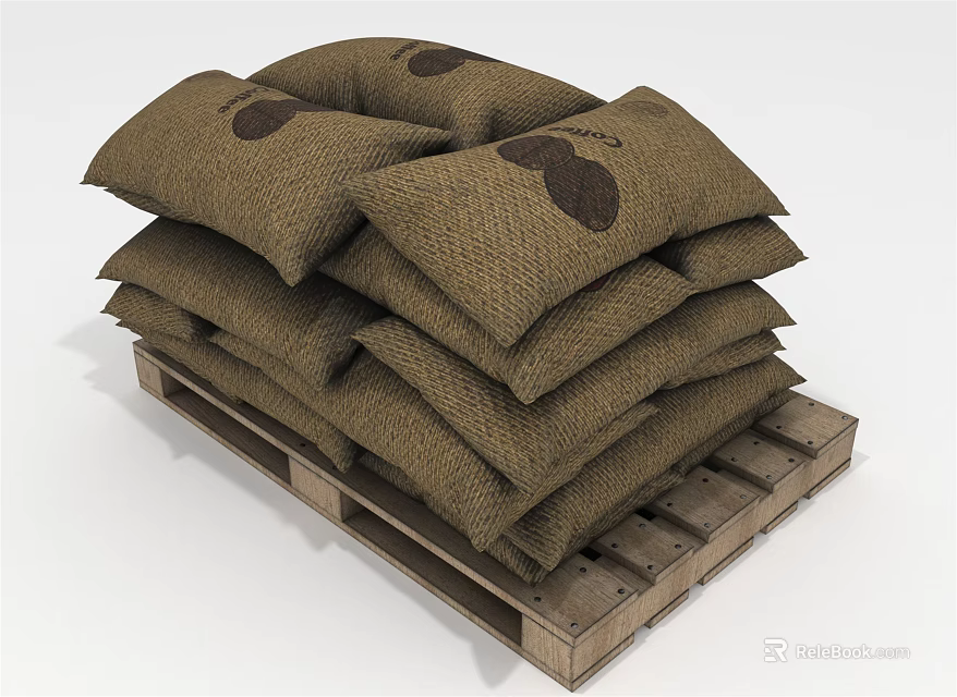 Stacked Hemp Bags With Circular Marks On Wooden Pallet For Daily Storage 3d model 