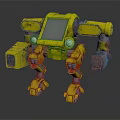 Yellow Worn Mechanical Robot With Multiple Arms Legs And Blue Screen 3d model