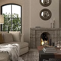 Elegant Living and Dining Room Interior with Arched Windows Crystal Chandelier Fireplace and Green Plants