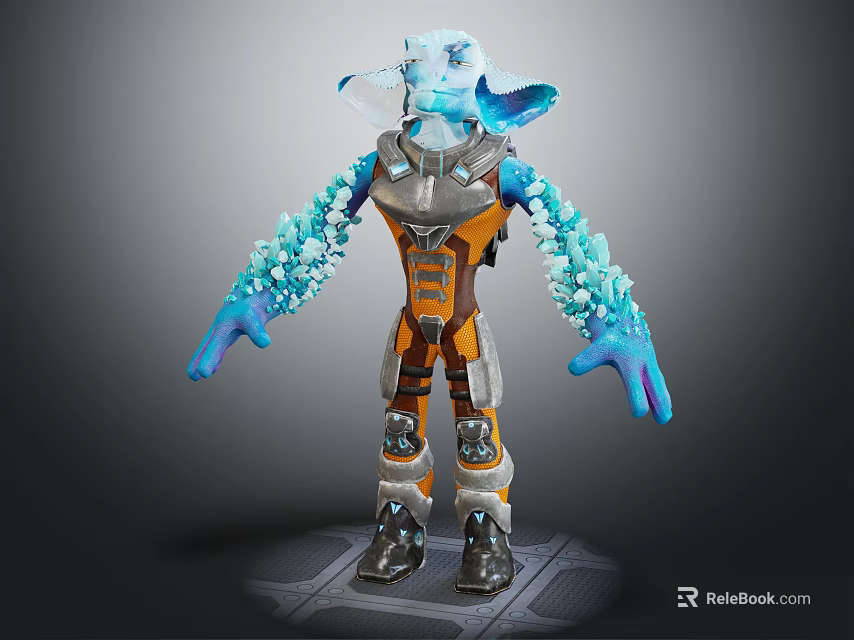 Futuristic Character And Biomechanical Creature With Crystal Blue Appendages And Orange Armored Suit 3d model 