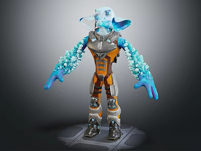 Futuristic Character And Biomechanical Creature With Crystal Blue Appendages And Orange Armored Suit 3d model