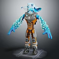 Futuristic Character And Biomechanical Creature With Crystal Blue Appendages And Orange Armored Suit