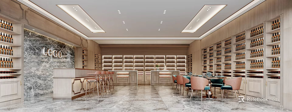 Elegant Liquor Store Interior With Organized Wine Racks Counter And Seating Area 3d model 