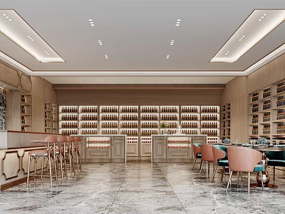 Elegant Liquor Store Interior With Organized Wine Racks Counter And Seating Area 3d model