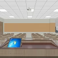 School Classroom Interior With Desks Chairs Blackboard Projection Screen And Lighting 3d model