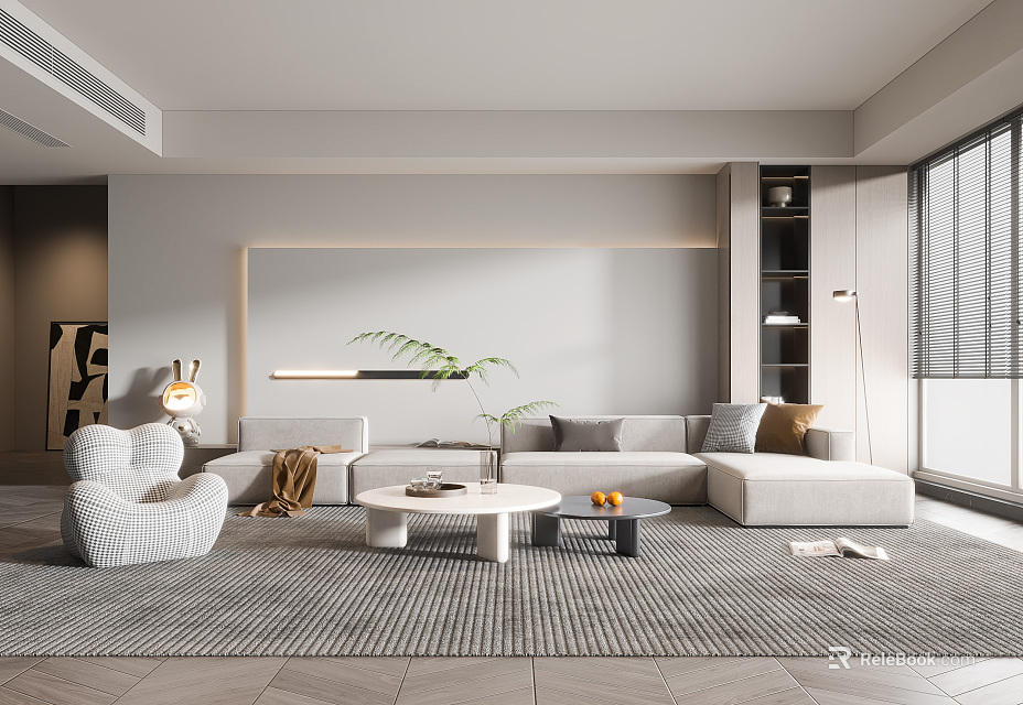 Modern Living Room Interior With Light Gray Sofa White Armchair Coffee Table And Green Plant 3d model 