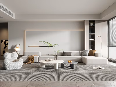 Modern Living Room Interior With Light Gray Sofa White Armchair Coffee Table And Green Plant 3d model