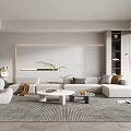 Modern Living Room Interior With Light Gray Sofa White Armchair Coffee Table And Green Plant
