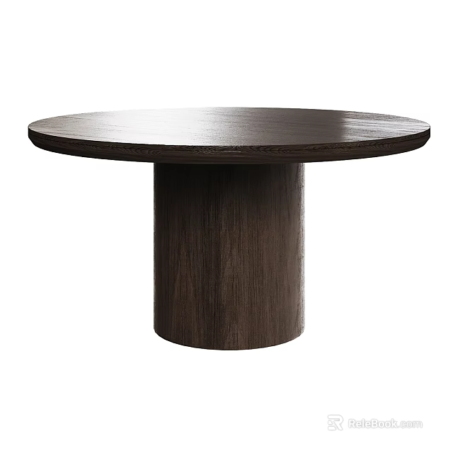 Modern Dark Wooden Round Coffee Table with Cylindrical Solid Base Design 3d model