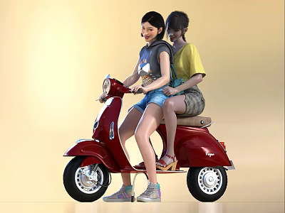 Two People Riding Vintage Red Scooter In Casual Summer Outfits 3d model