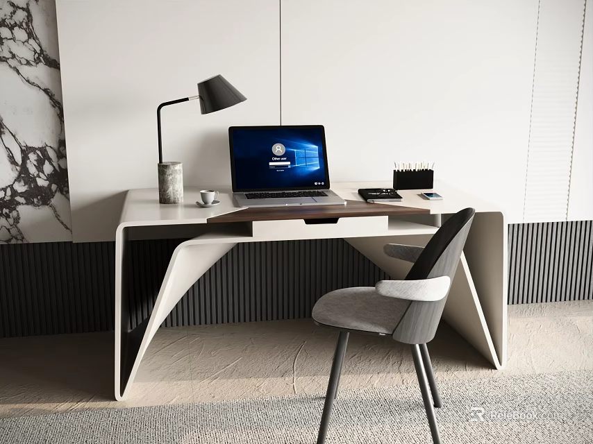 Modern Home Office Desk With Black Table Lamp Open Laptop And Gray Ergonomic Chair 3d model 
