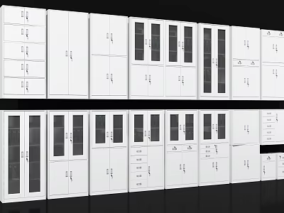 White Display Shelves with Various Designs Including Glass Doors and Storage Cabinets 3d model