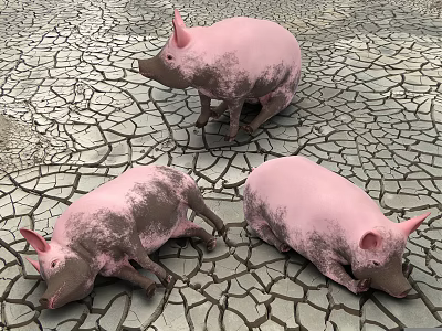 Three Pink Reptiles Crawling On Dry Cracked Earth Surface Ground 3d model