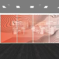 Modern Office Decorative Wall Featuring Orange And White Wavy Lines Design 3d model
