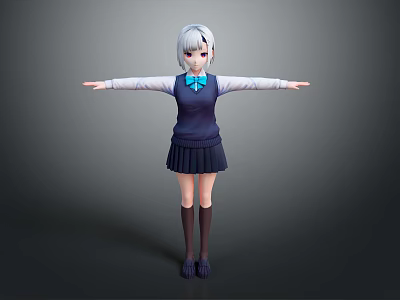 3D Anime Character With White Hair Blue Bow Red Face Mark And Outstretched Arms 3d model