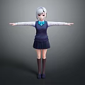 3D Anime Character With White Hair Blue Bow Red Face Mark And Outstretched Arms