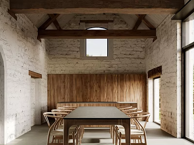 Rustic Restaurant Interior With Wooden Beams Stone Walls Long Table And Chairs 3d model
