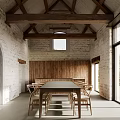 Rustic Restaurant Interior With Wooden Beams Stone Walls Long Table And Chairs