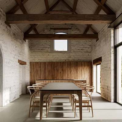 Rustic Restaurant Interior With Wooden Beams Stone Walls Long Table And Chairs 3d model