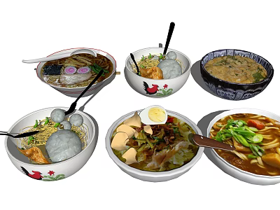 Assorted Asian Noodle Soups with Egg Meatballs and Vegetables in Decorative Bowls 3d model