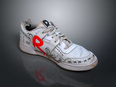 White Casual Sneakers With Red R Logo Hand Painted Patterns And Worn Sole 3d model