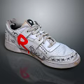 White Casual Sneakers With Red R Logo Hand Painted Patterns And Worn Sole