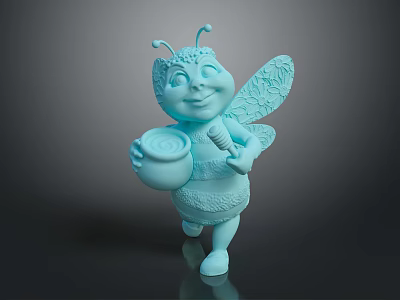 Detailed Blue Cartoon Bee Sculpture Carving With Patterned Wings Holding Jar And Cute Expression 3d model