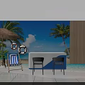Tropical Themed Mall Kiosk with Blue Backdrop Palm Trees White Counter and Gray Chairs