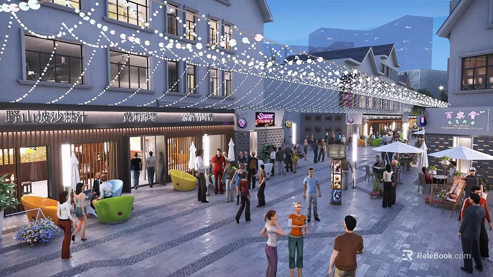 Bustling Commercial Street With Modern Buildings String Lights Shops Pedestrians And Vibrant Atmosphere 3d model 