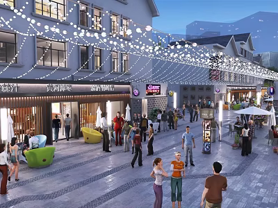 Bustling Commercial Street With Modern Buildings String Lights Shops Pedestrians And Vibrant Atmosphere 3d model