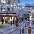 Bustling Commercial Street With Modern Buildings String Lights Shops Pedestrians And Vibrant Atmosphere