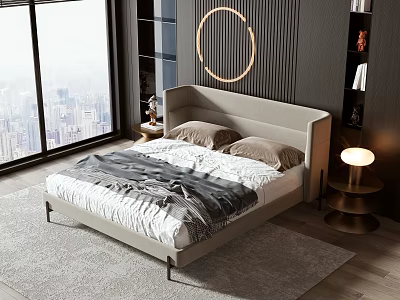 Modern Style Double Bed With Beige Headboard Gray White Quilt City View And Large Window 3d model